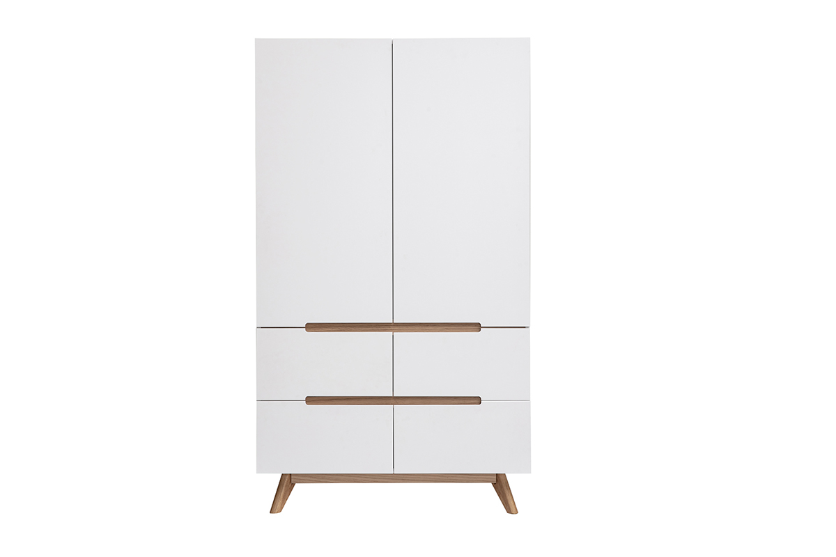 Armoire scandinave KELMA blanc mat avec tiroirs ch�ne clair, vue de face.