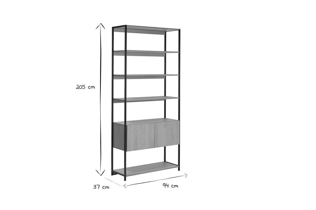 Biblioth�que �tag�re avec rangement ferm� finition bois clair ch�ne et m�tal noir L94 cm FLEA