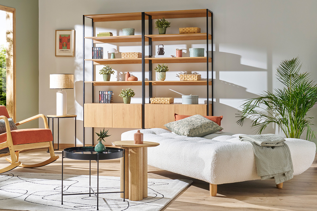 Biblioth�que �tag�re avec rangement ferm� finition bois clair ch�ne et m�tal noir L94 cm FLEA