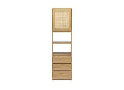 Biblioth&egrave;que &eacute;tag&egrave;re avec rangements finition bois clair ch&ecirc;ne et cannage rotin L50 cm SEVILLE