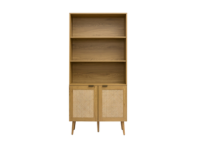 Biblioth&egrave;que finition bois clair, cannage en rotin et m&eacute;tal noir L90 MANILLE