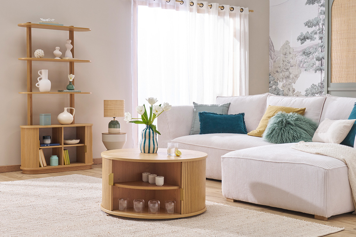 Biblioth�que finition bois clair ch�ne avec rangement 2 portes coulissantes L90 cm EPIC