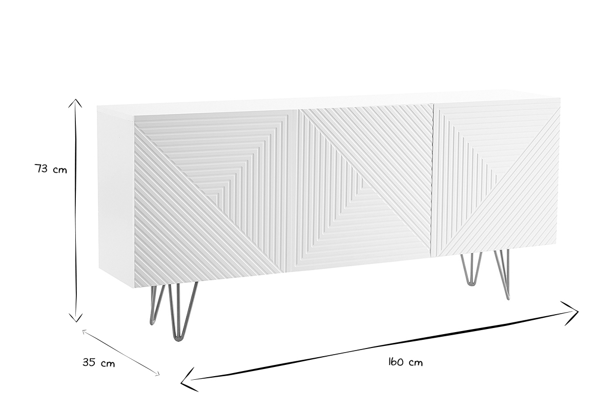 Buffet design blanc et m�tal dor� 3 portes L160 cm OZEN