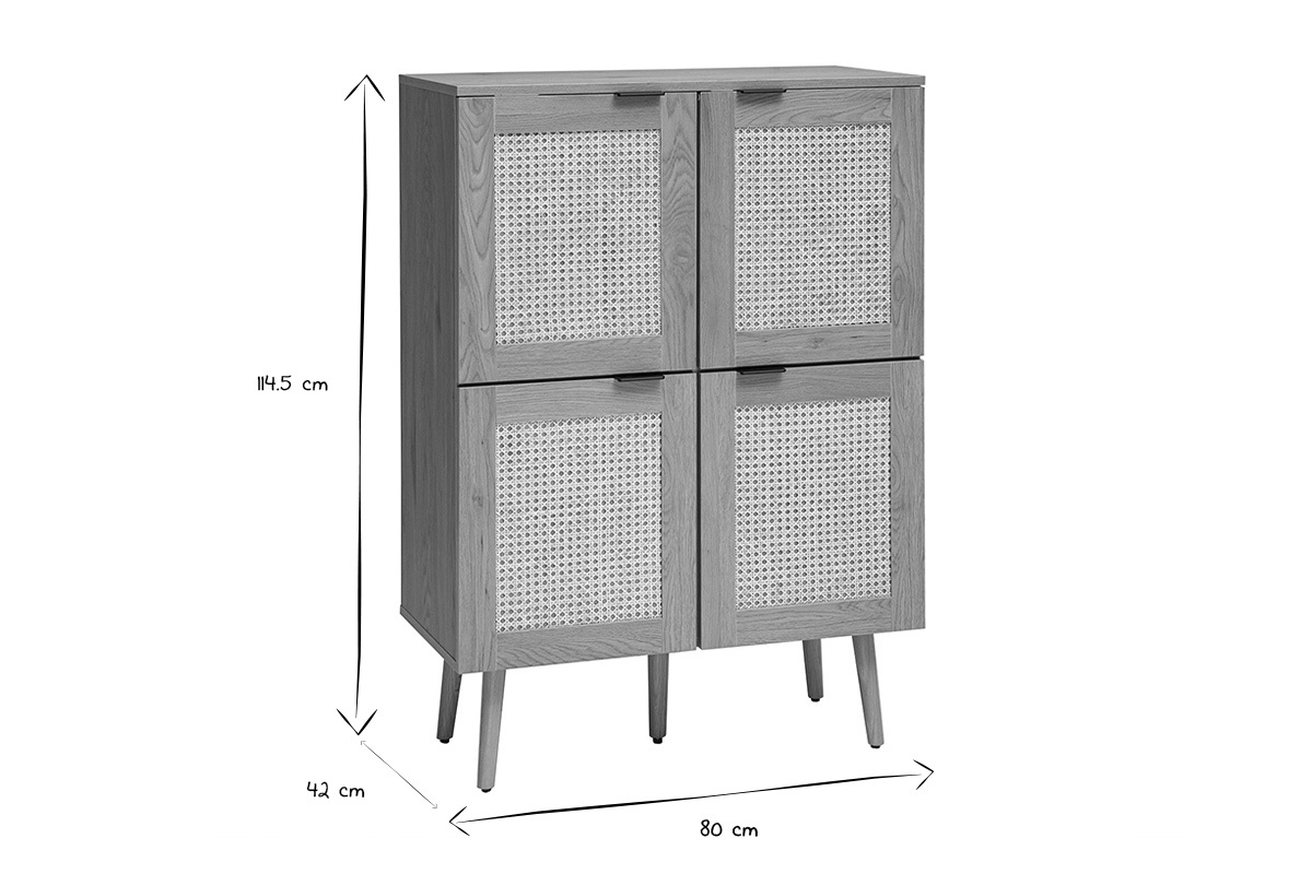 Dimensions du buffet MANILLE en noir et blanc : L80 cm, H114,5 cm, P42 cm.