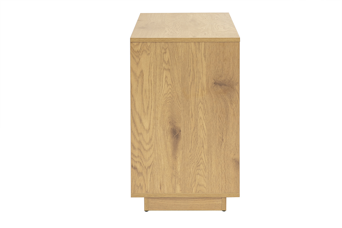 Buffet en bois clair de c�t�, 2 portes et 2 tiroirs, vue de profil.