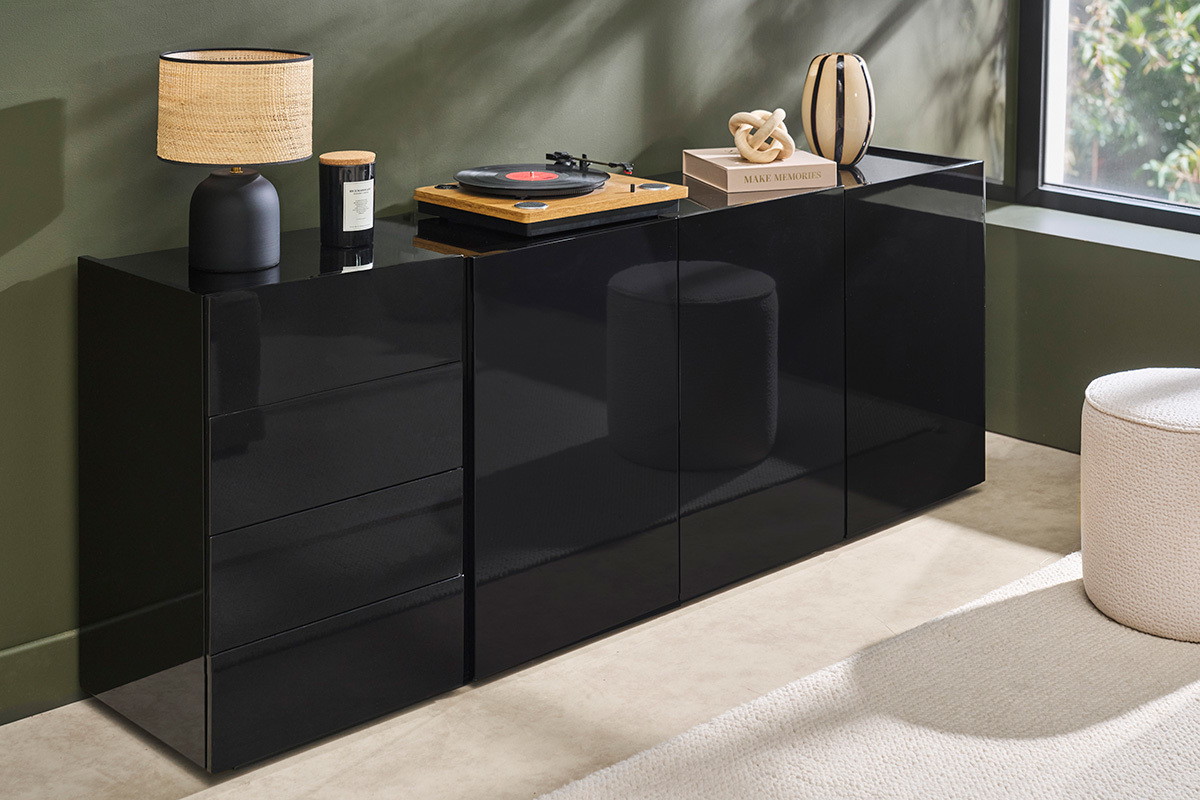 Buffet noir laqu� brillant 3 portes 4 tiroirs L200 cm ISAURE