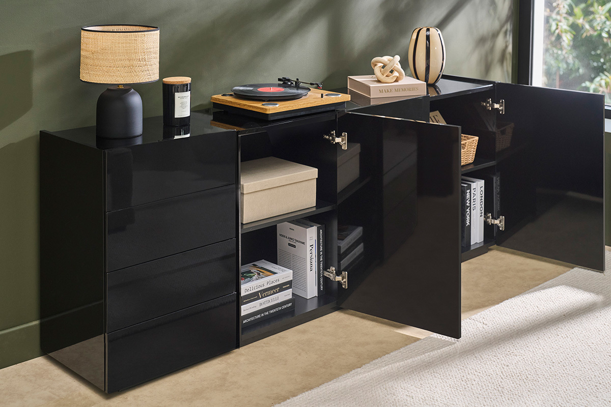 Buffet noir laqu� brillant 3 portes 4 tiroirs L200 cm ISAURE