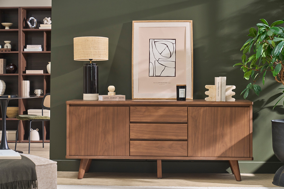Buffet scandinave en bois clair fr�ne 2 portes 3 tiroirs L180 cm FIFTIES