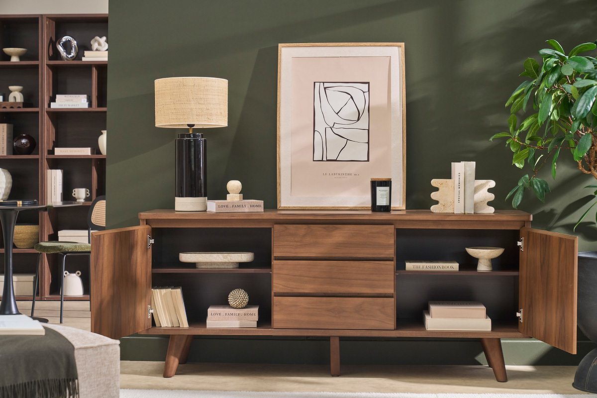 Buffet scandinave en bois fonc� noyer 2 portes 3 tiroirs L180 cm FIFTIES