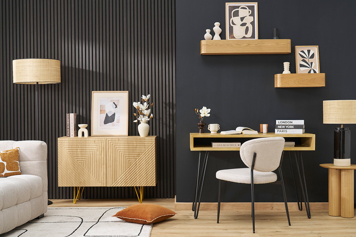 Bureau avec rangement en bois manguier massif et m�tal noir L116 cm VIBES