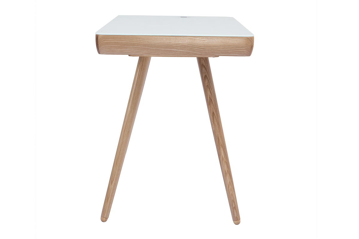 Bureau connect� multim�dia avec tiroir en verre et bois clair L120 cm CLEVER