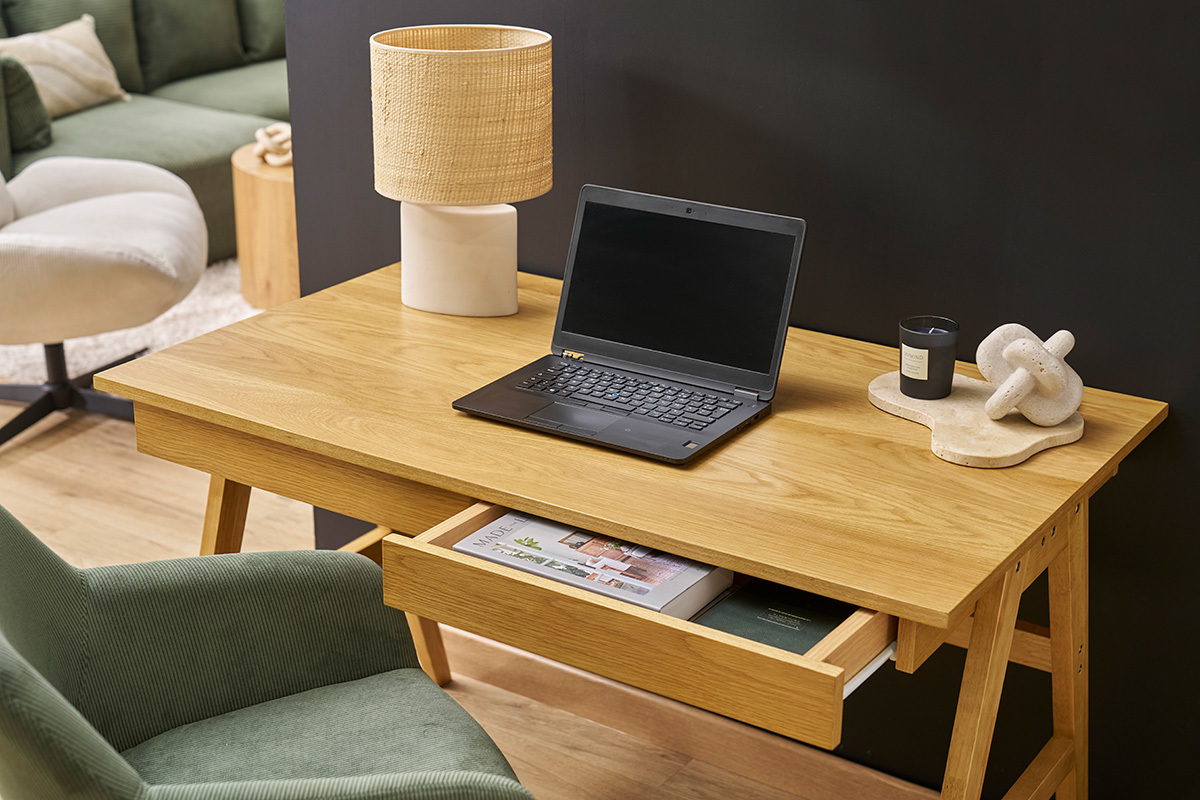 Bureau design avec rangements 2 tiroirs bois clair h�v�a L120 cm BROOK