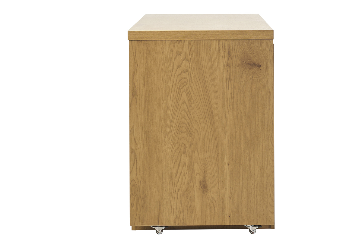 Bureau modulable en bois clair, vue de profil, avec caisson � tiroirs et roulettes.