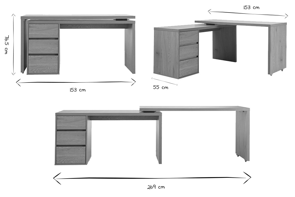 Dimensions du bureau modulable MELVIN en noir et blanc : 153 cm, 269 cm, 55 cm, hauteur 76,5 cm.