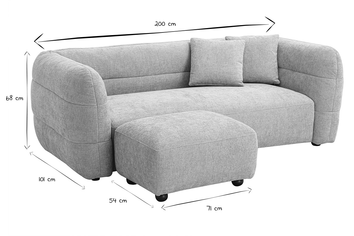 Dimensions du canap� 3 places et pouf en noir et blanc, 200x101x68 cm pour le canap�.