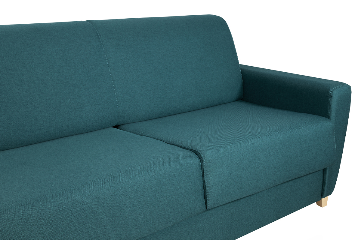 Canap� convertible 3 places en tissu bleu canard et bois clair, vue zoom�e.