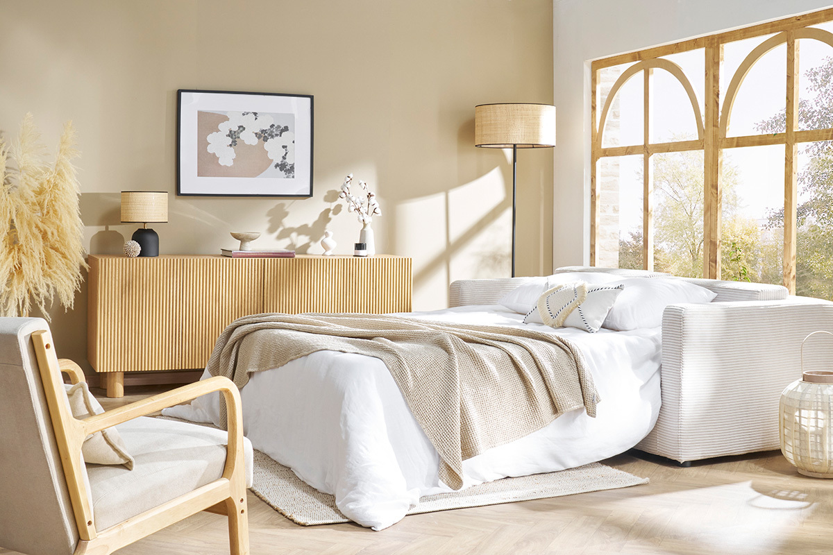Canap� convertible 3 places en tissu velours c�tel� beige avec matelas 13 cm BACIO