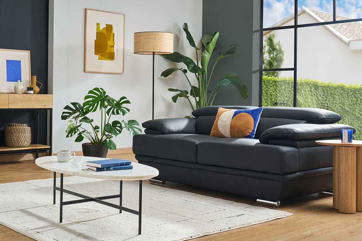 Canap� cuir noir et acier chrom� avec t�ti�res ajustables 2 places EWING
