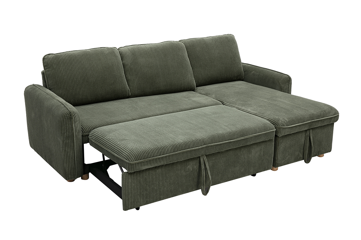 Canap� d'angle convertible ORSO en tissu velours c�tel� vert kaki avec coffre de rangement, vue de trois quarts.