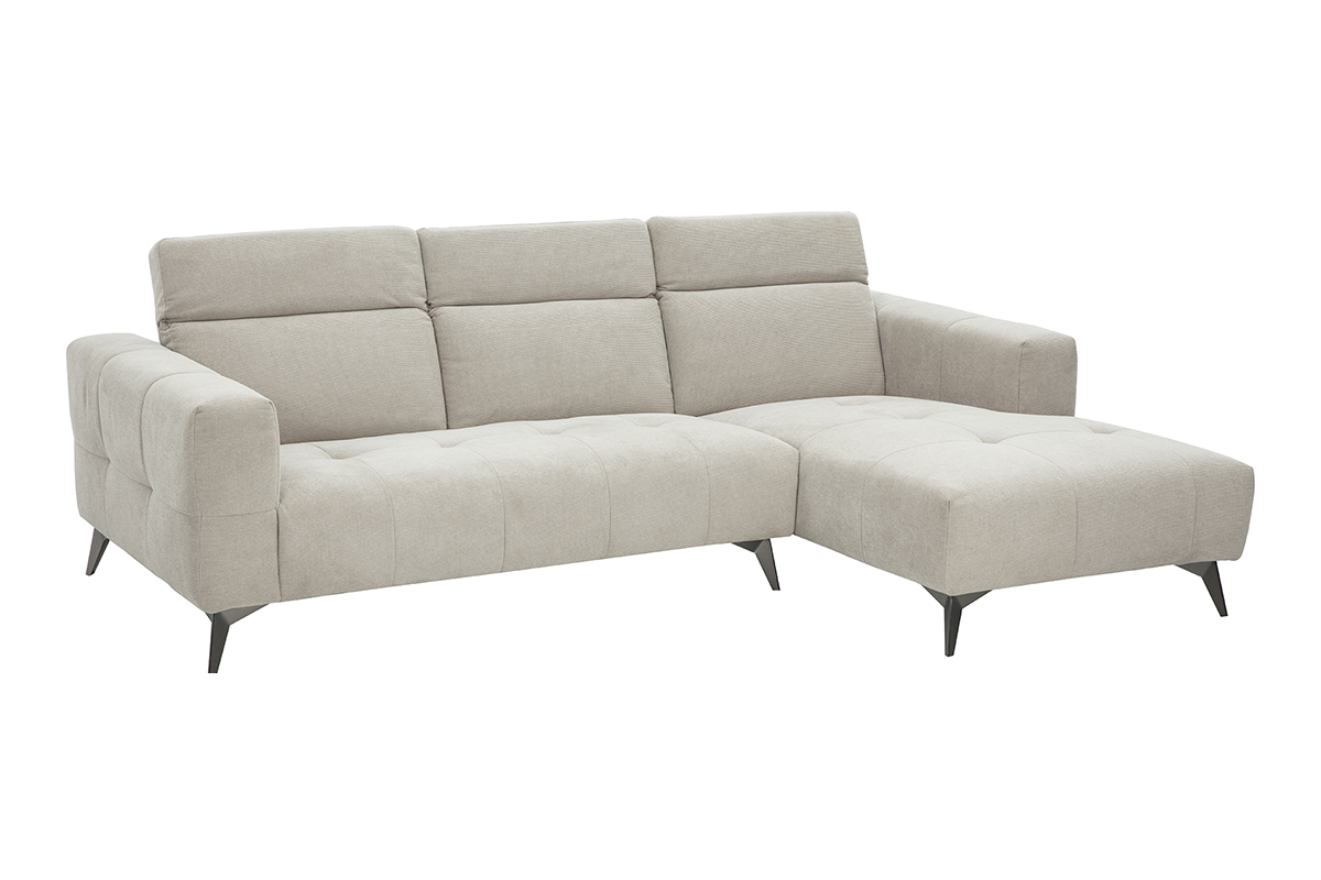 Canap� d'angle droit beige en tissu chenille avec t�ti�res ajustables, pieds m�talliques, vue de 3/4.