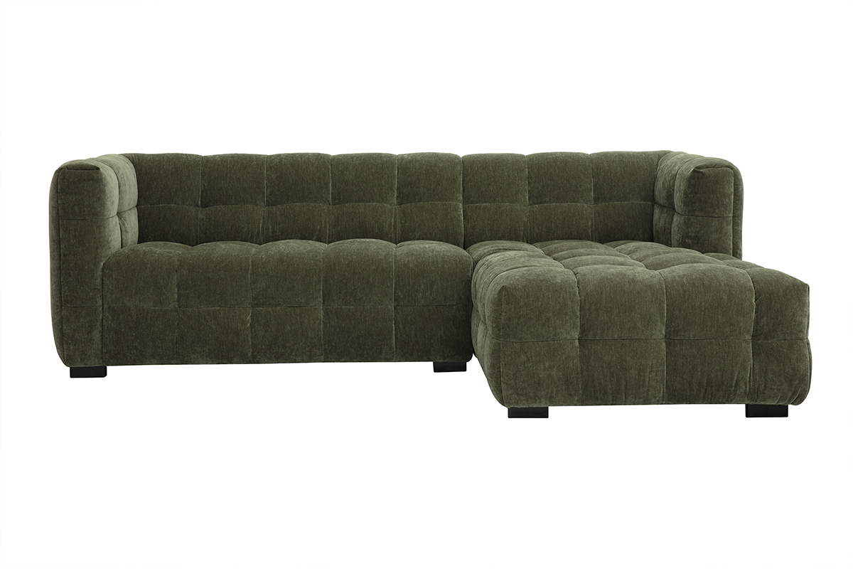 Canap� d'angle droit 3 places en tissu vert kaki, effet velours, angle vue de face.