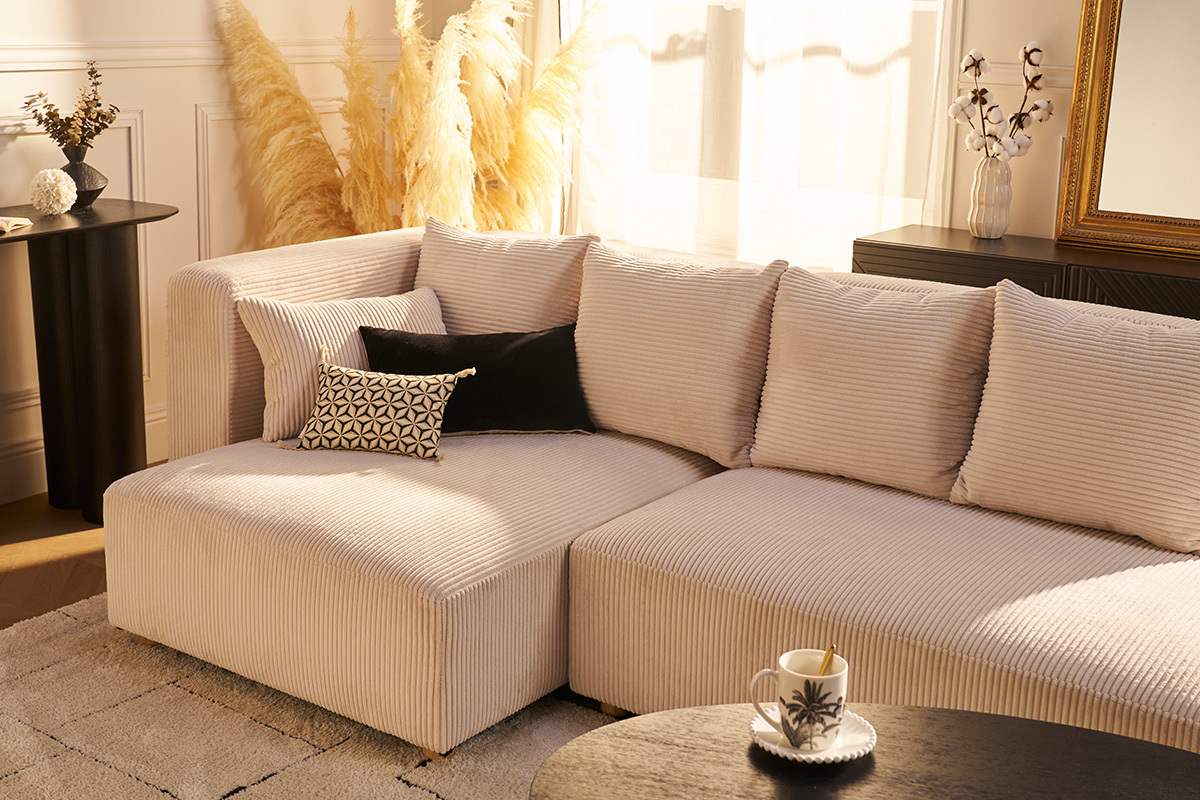 Canap� d'angle gauche 3 places en tissu velours c�tel� beige et bois clair HARLEM