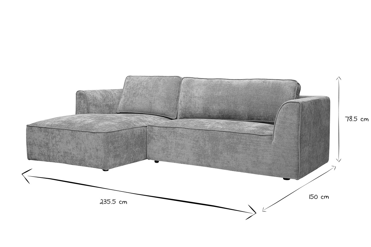 Canap� d'angle gauche gris 3 places avec dimensions de 235,5x150x78,5 cm, vue de face, en noir et blanc.