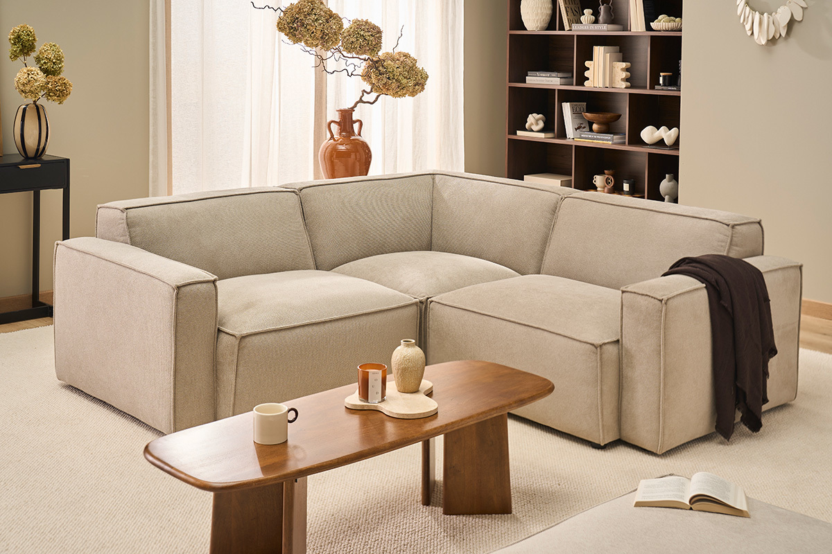 Canap� d'angle modulable 3 places en tissu effet velours textur� beige SPLIT