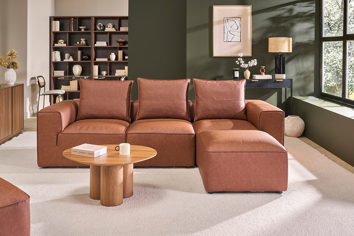 Canap� d'angle modulable 4 places en cuir marron FERGUS