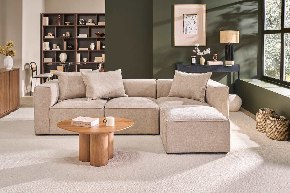 Canap� d'angle modulable 4 places en tissu effet velours textur� beige KERRY