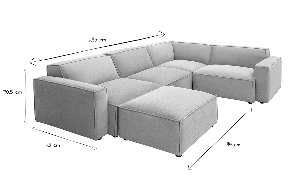 Dimensions du canap� d'angle modulable 5 places et pouf, noir et blanc.