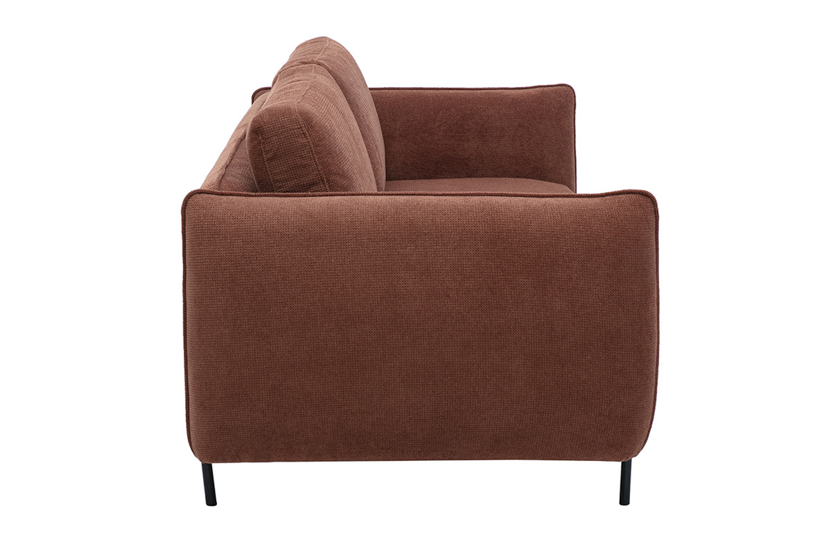 Canap� design 3 places en tissu chenille terre br�l�e, vue de profil avec pieds noirs.