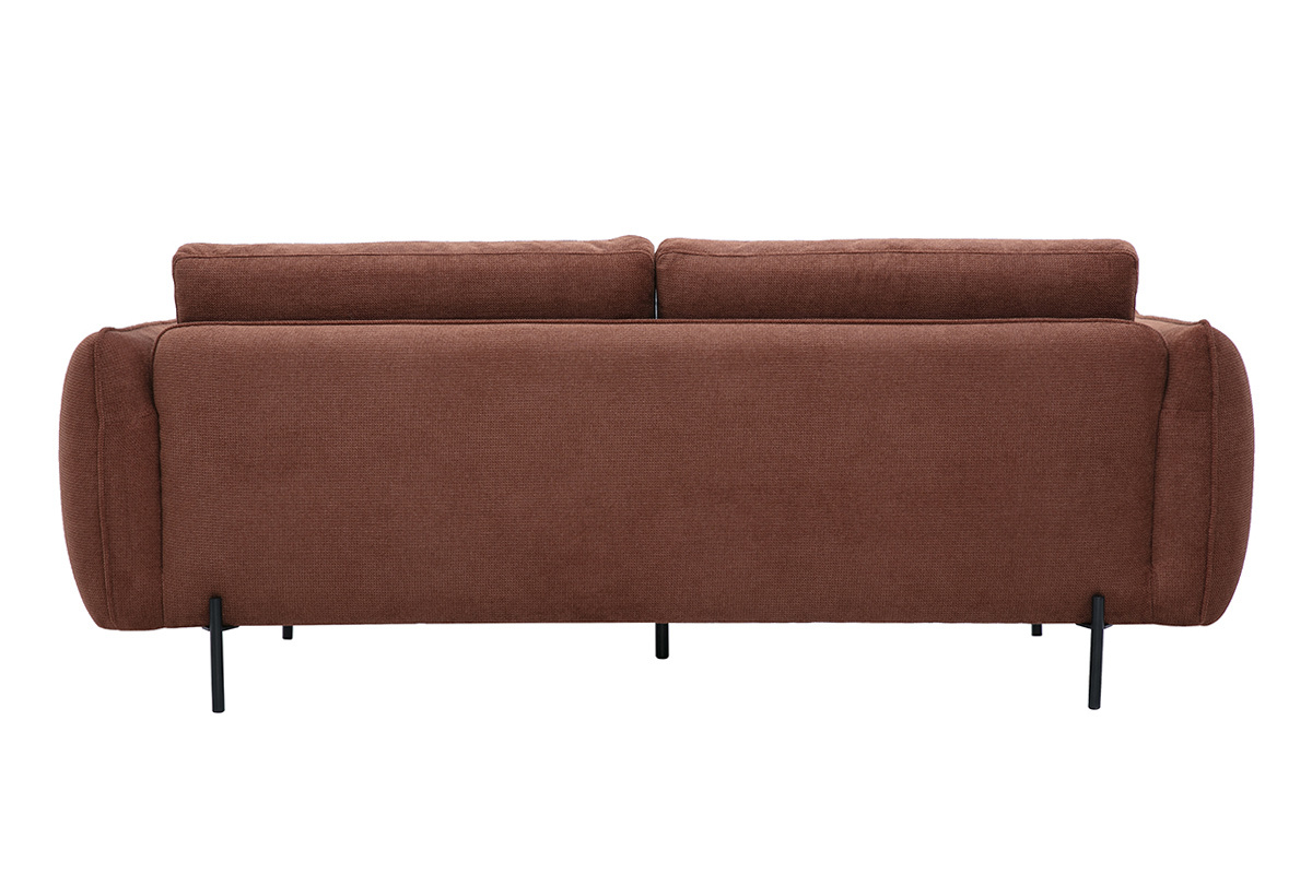 Canap� design 3 places en tissu chenille terre br�l�e, vue de dos, avec pieds en m�tal noir.