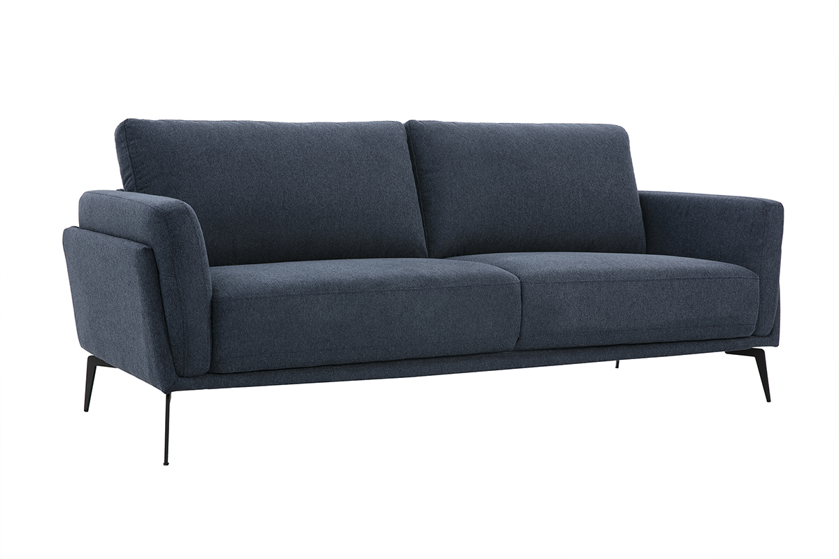 Canap� design 3 places en tissu effet velours textur� bleu fonc� et m�tal noir MOSCO