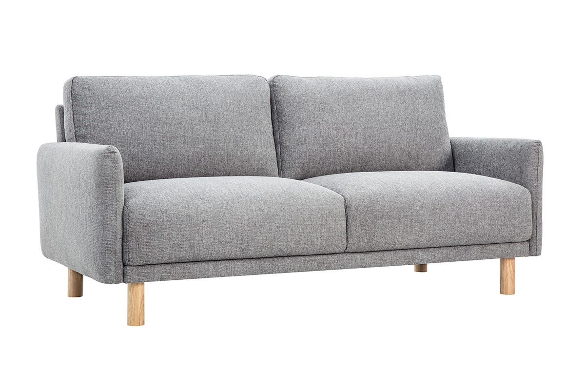 Canap� 3 places, tissu effet velours gris, pieds en bois clair, vue de 3/4.