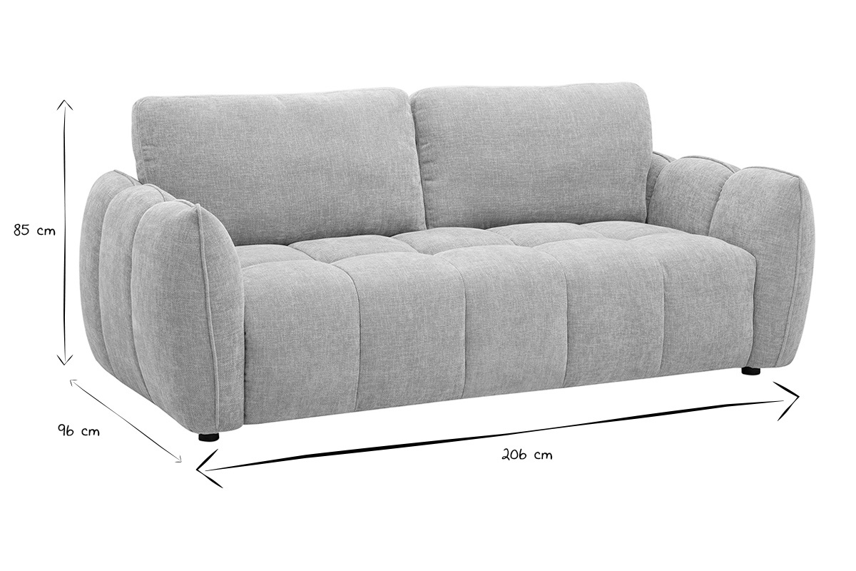 Dimensions du canap� design 3 places: L206 x P96 x H85 cm en noir et blanc.