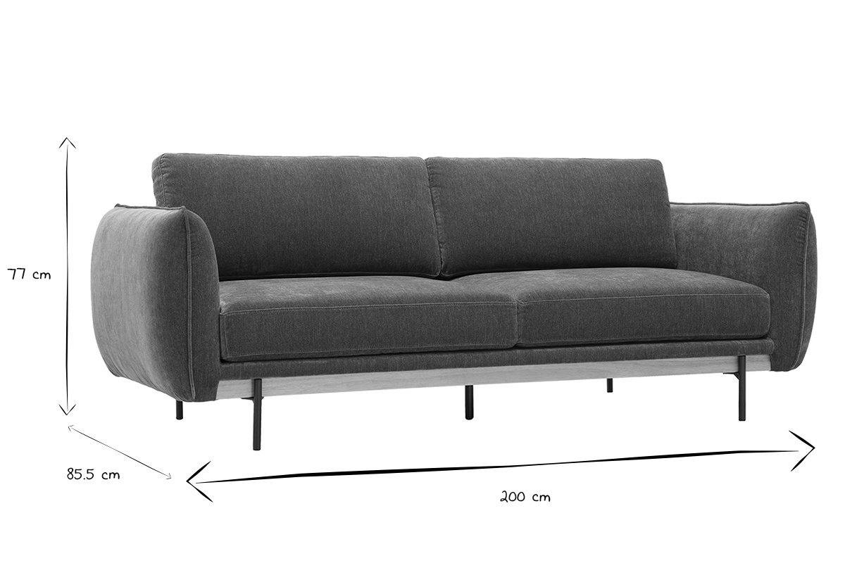 Dimensions du canap� design 3 places TODD : L200 x P85,5 x H77 cm en noir et blanc.