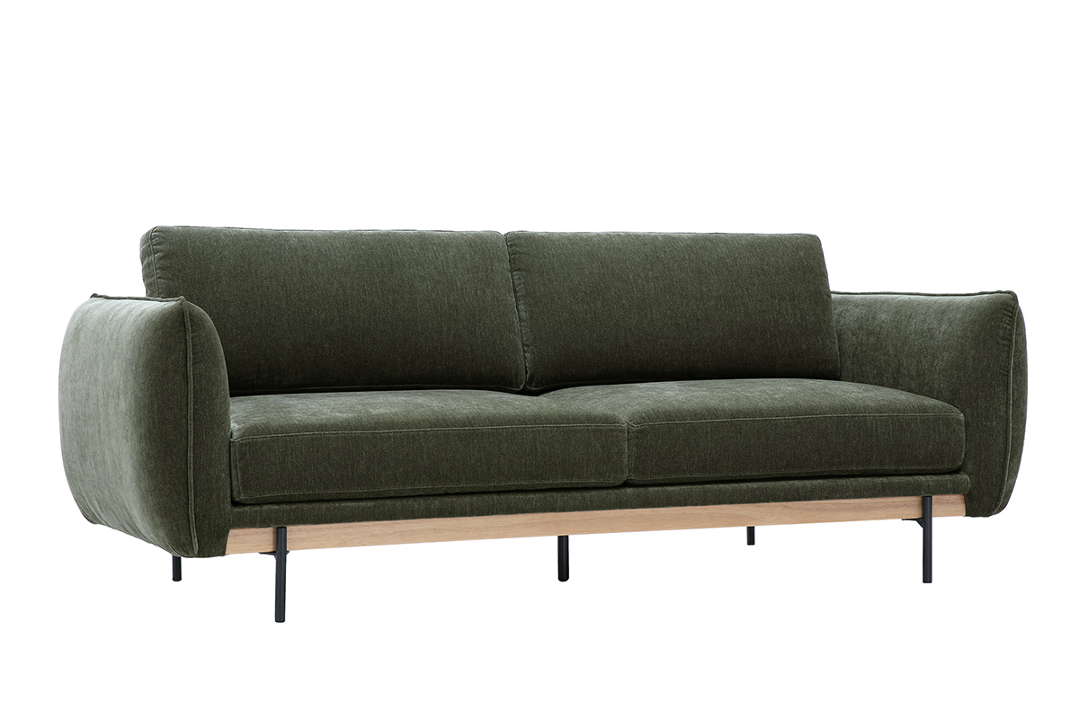 Canap� design 3 places en tissu vert kaki avec structure en m�tal noir et base en bois, vue de 3/4.