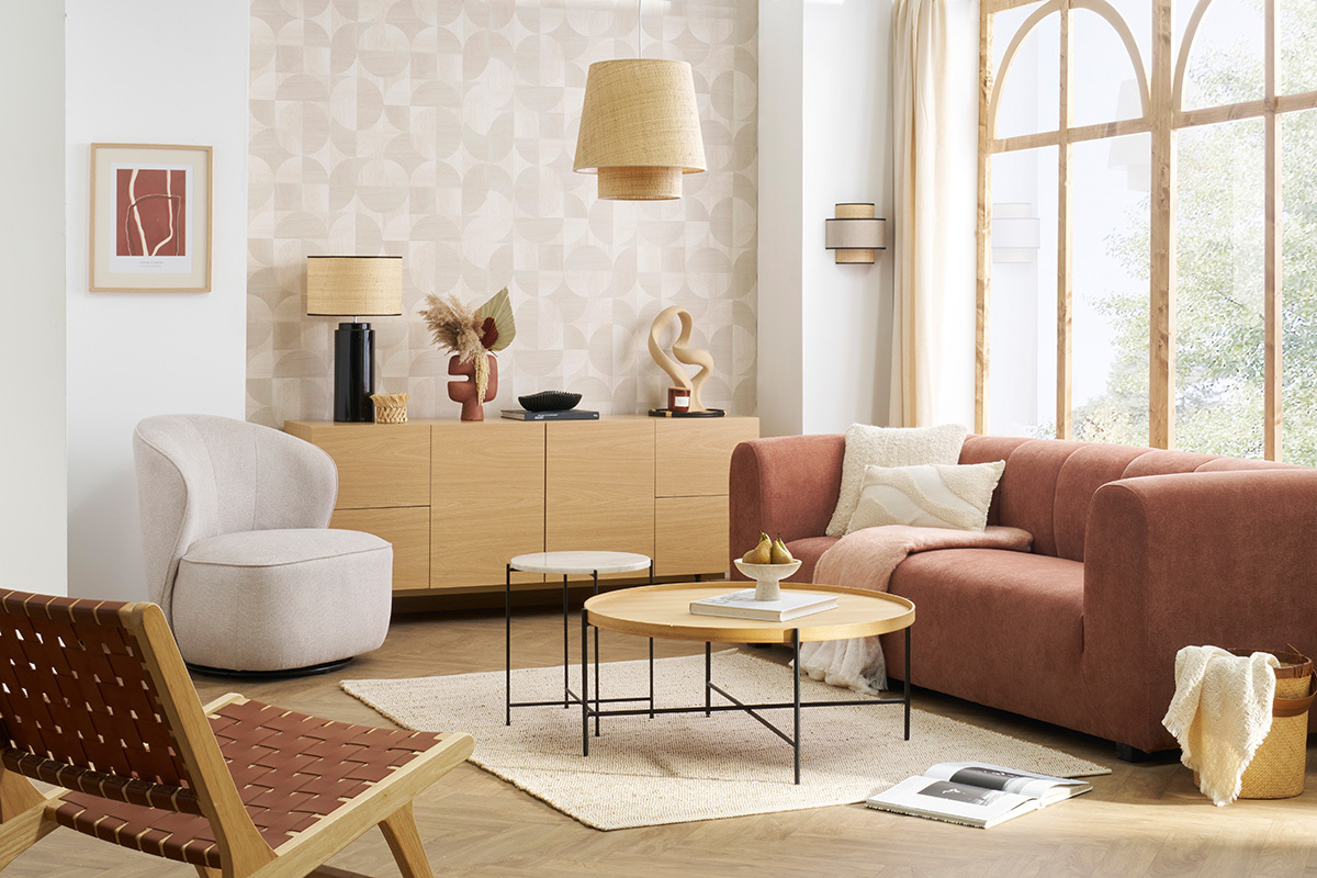 Canap� design en tissu effet velours terre br�l�e 3-4 places OLIVEIRO
