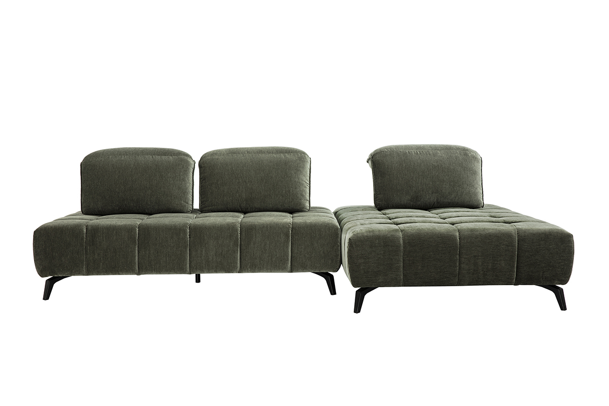 Canap� modulable 4 places vert kaki avec t�ti�res ajustables et pieds m�tal noir, vue de face.