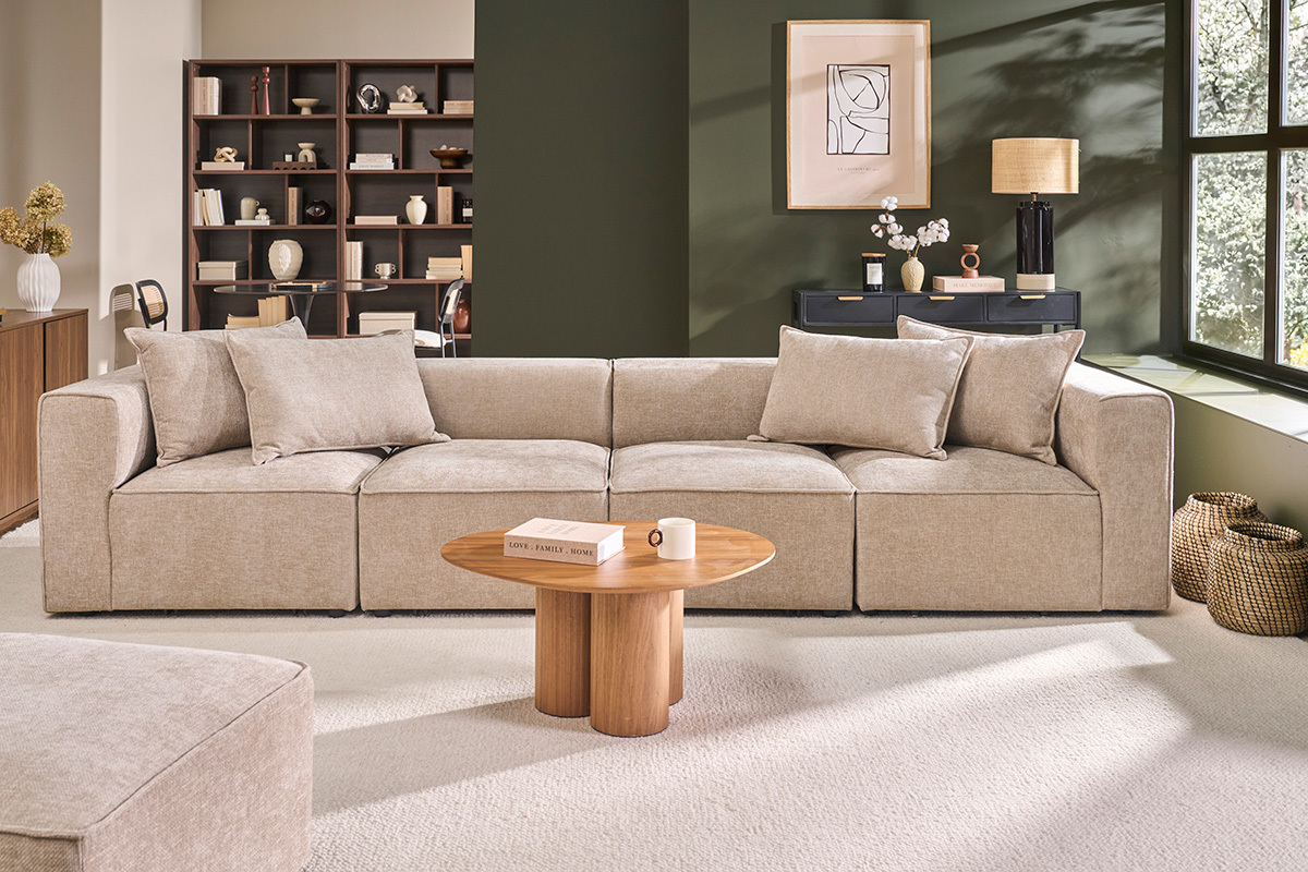 Canap� modulable 5 places en tissu effet velours textur� beige KERRY