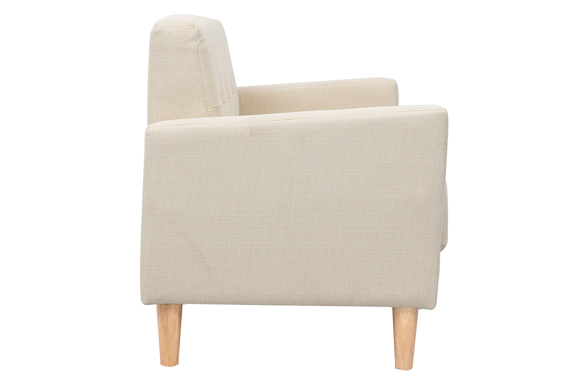Canap� scandinave 2 places en tissu beige avec pi�tement en bois clair, vue de profil.