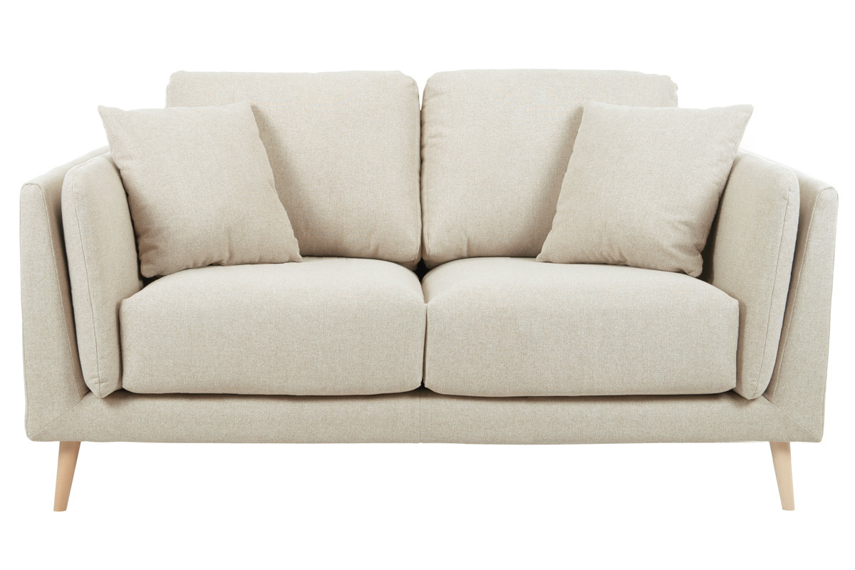 Canap� scandinave 2 places beige naturel avec coussins, vue de face