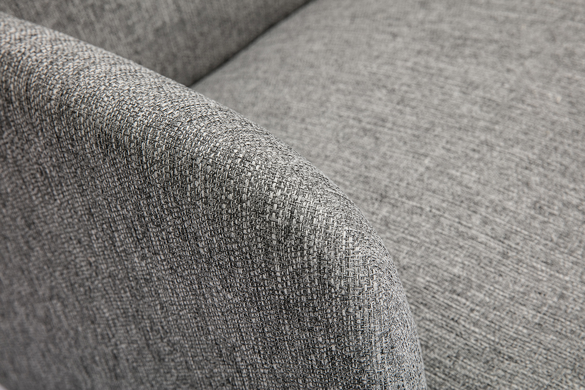 Zoom sur le canap� scandinave 2 places en tissu gris clair, pied en bois clair.