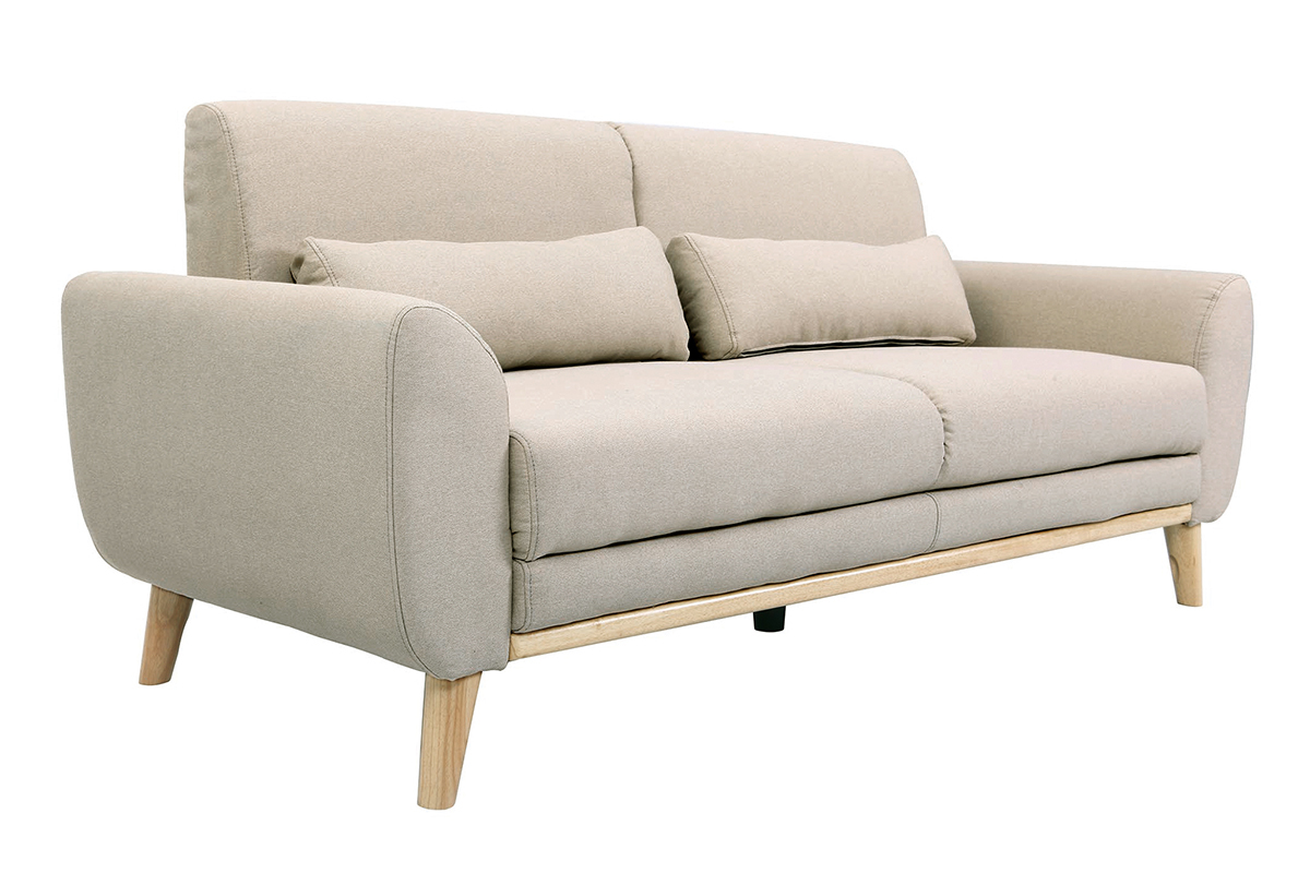 Canap� scandinave 3 places en tissu beige et bois clair EKTOR