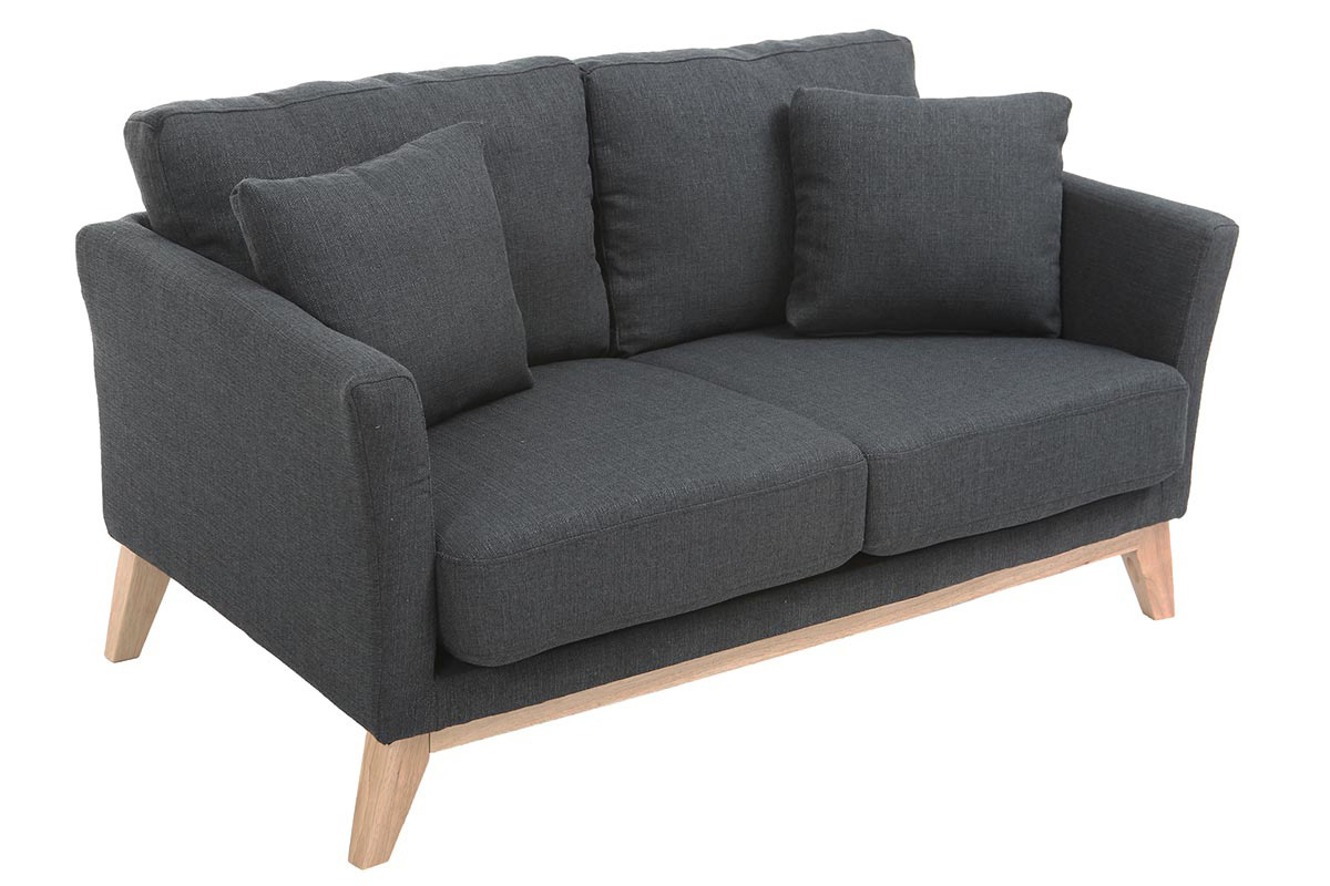 Canap� scandinave 2 places gris fonc�, tissu d�houssable et pieds en bois clair.