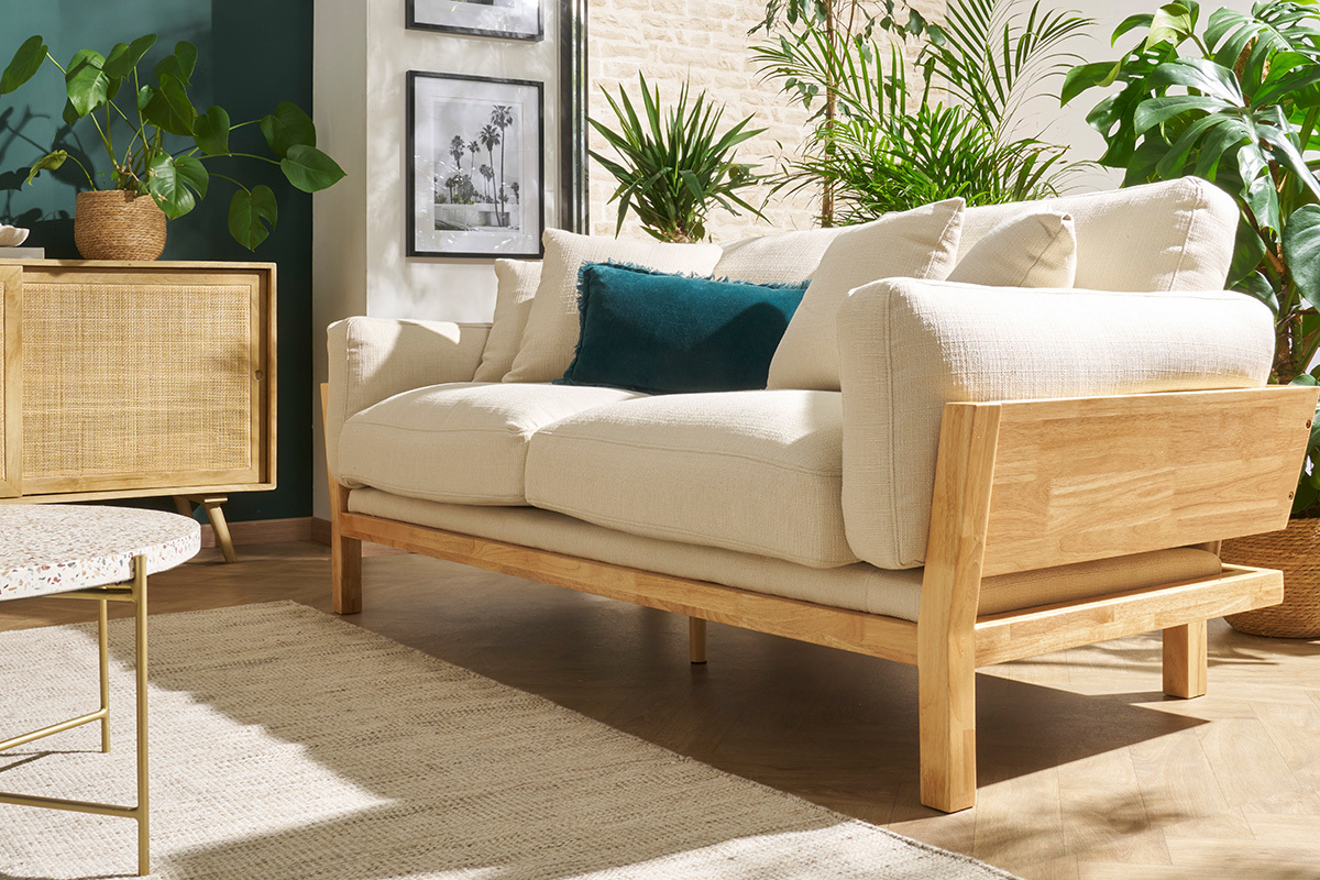 Canap� scandinave d�houssable 3 places en tissu blanc cr�me et bois clair KYO