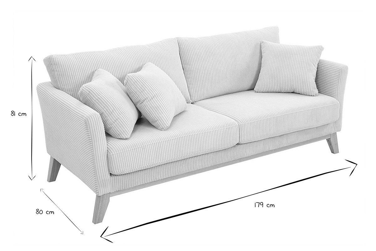Canap� scandinave d�houssable 3 places en tissu velours c�tel� beige et bois clair OSLO
