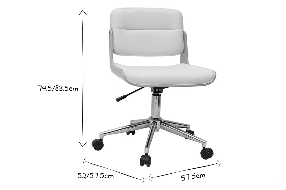 Chaise de bureau � roulettes design blanc, bois clair et acier chrom� ARAMON