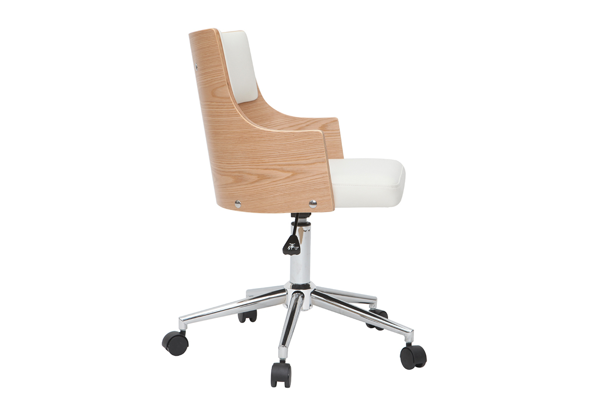 Chaise de bureau � roulettes design blanc, bois clair et acier chrom� MAYOL